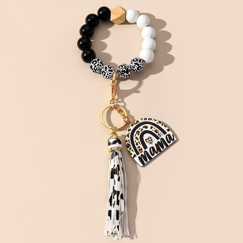 Wholesale Rainbow Mama Tassel Leopard Print Silicone Beaded Wrist Keychain